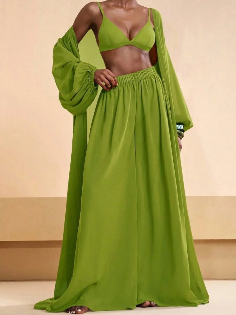 Limelight Green Casual Women's Shirt and Pants Coverup Set